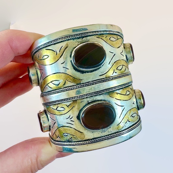 Vintage Middle Eastern Cuff: Afghan Bracelet Carnelian Silver Gold Mixed Boho - Picture 1 of 4